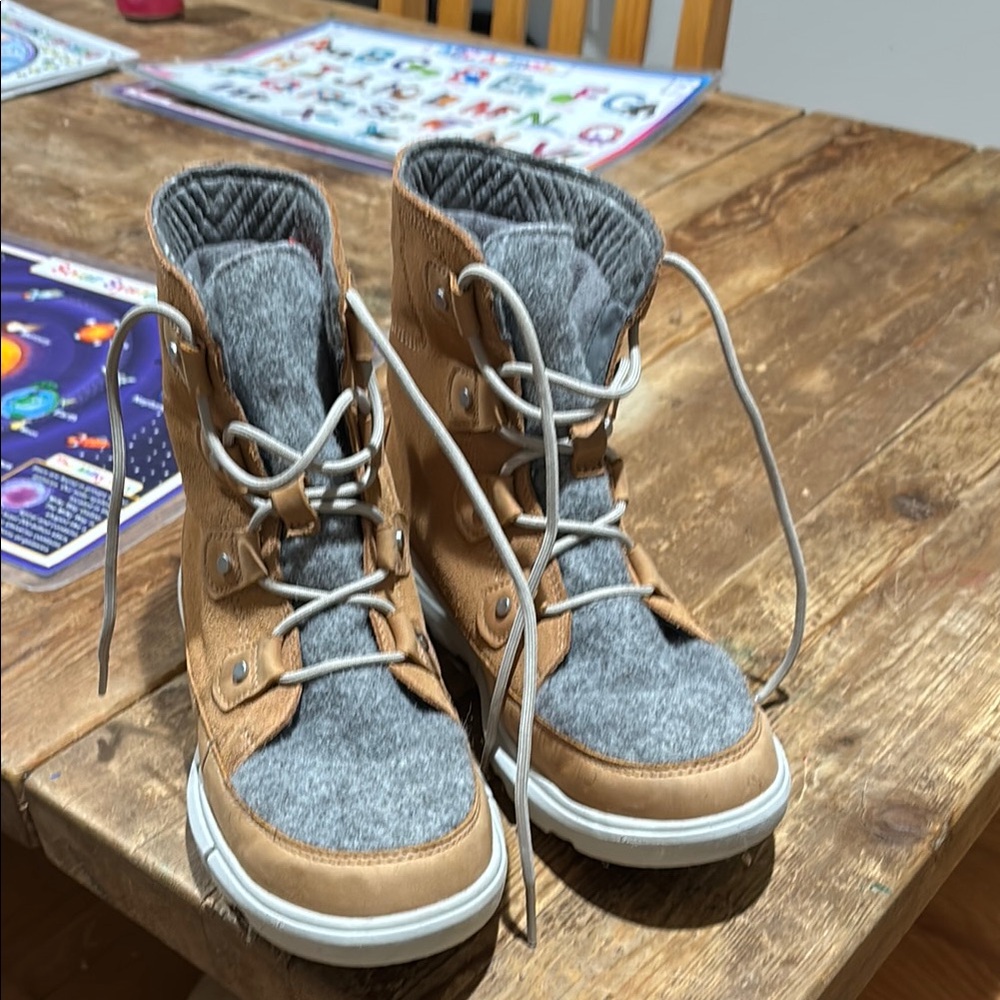 Tan and Gray Sorel Lace-Up Snow Boots